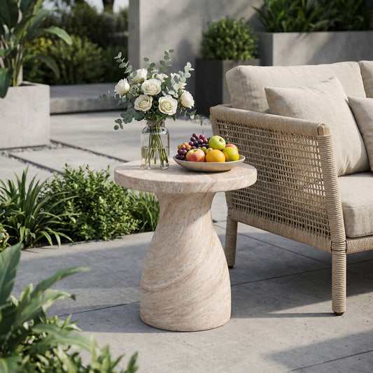 Outdoor/Indoor Travertine Lightweight Concrete Side Table