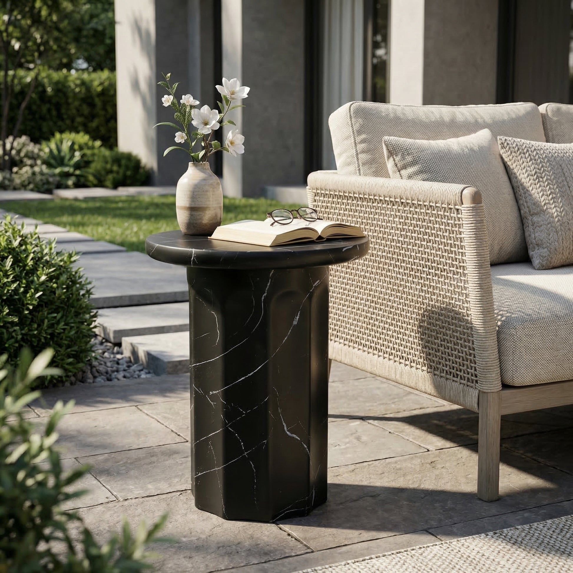 Outdoor Lightweight Concrete Black Marble Effect Side Table,Living Room Mgo End Table