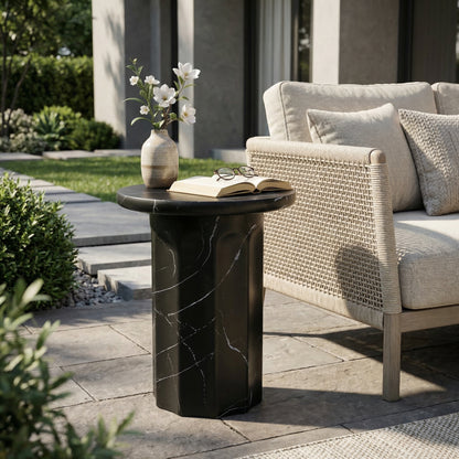 Outdoor Lightweight Concrete Black Marble Effect Side Table,Living Room Mgo End Table