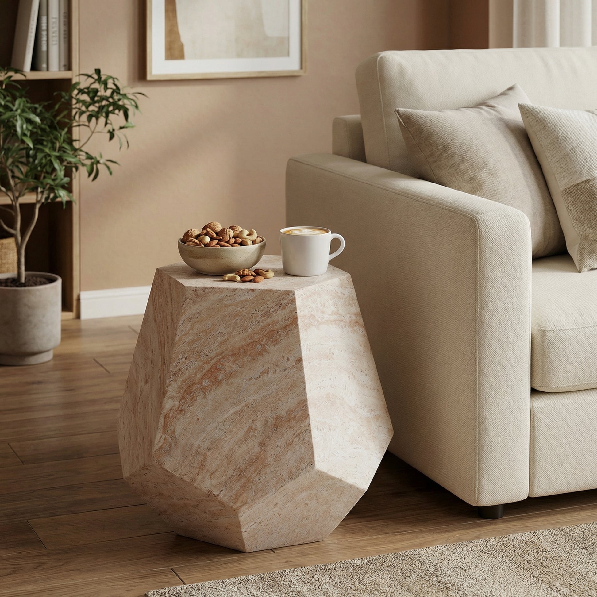 Outdoor/Indoor Lightweight Concrete Side Table,Hexagonal Round Travertine Accent Table