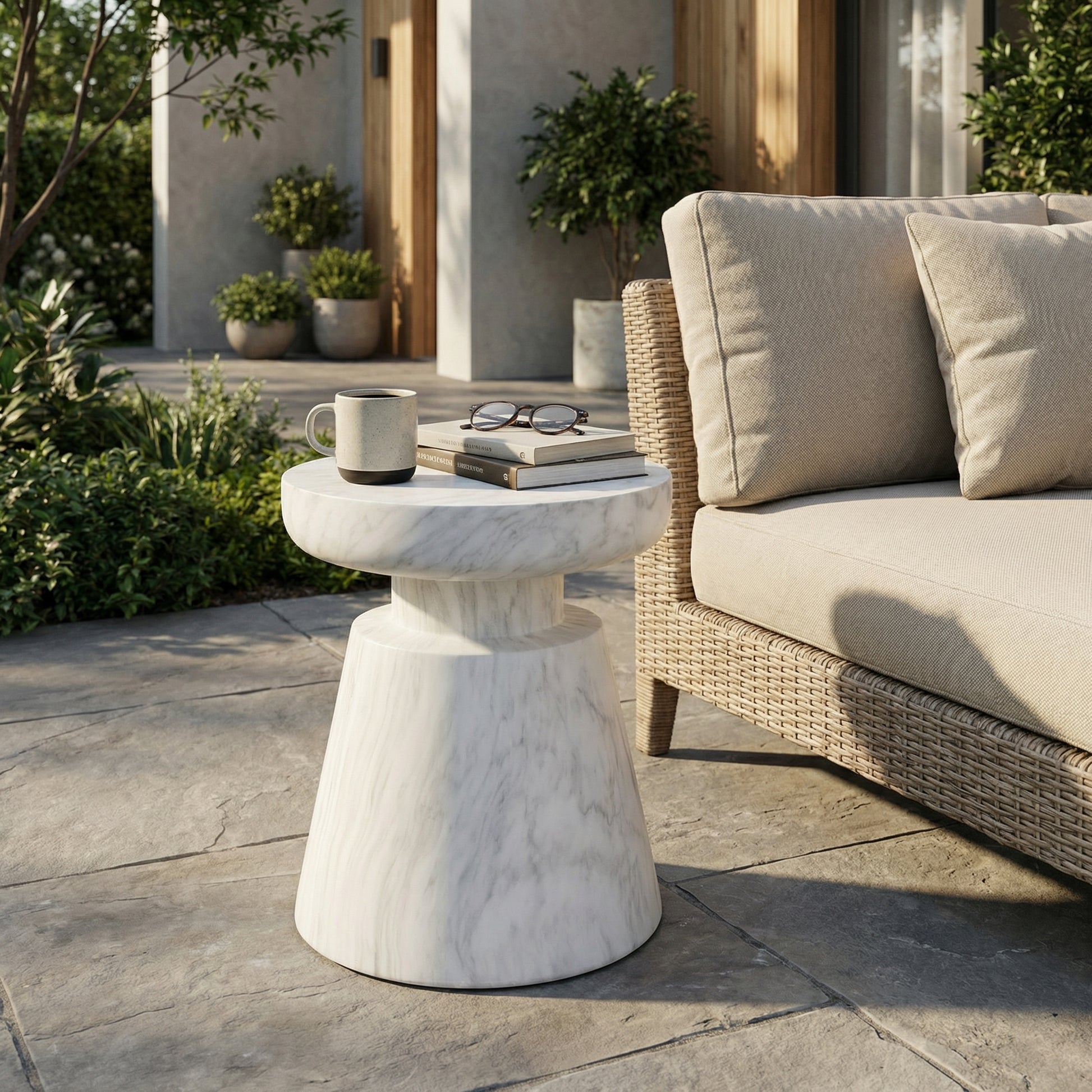 White Concrete Outdoor Side Table - 18 Inch