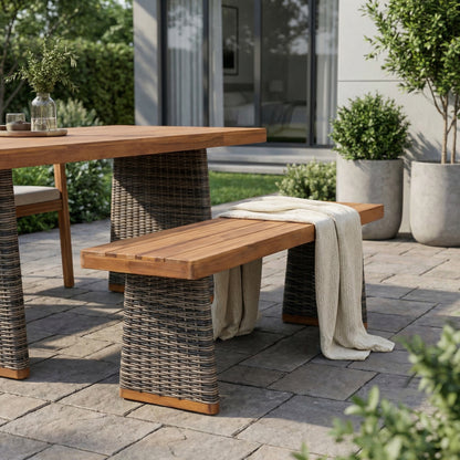 Outdoor 1pcs Acacia Wood Bench,Teak Finish+ Grey Wicker