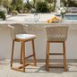 Set of 2 Acacia Wood Bar Stools - Beige Cushions, Teak Finish Outdoor Chairs