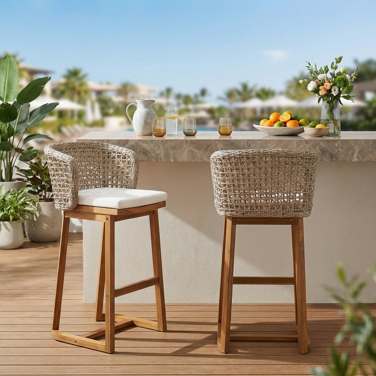 Set of 2 Acacia Wood Bar Stools - Beige Cushions, Teak Finish Outdoor Chairs