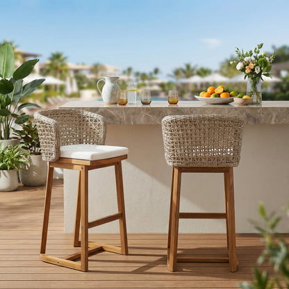 Set of 2 Acacia Wood Bar Stools - Beige Cushions, Teak Finish Outdoor Chairs