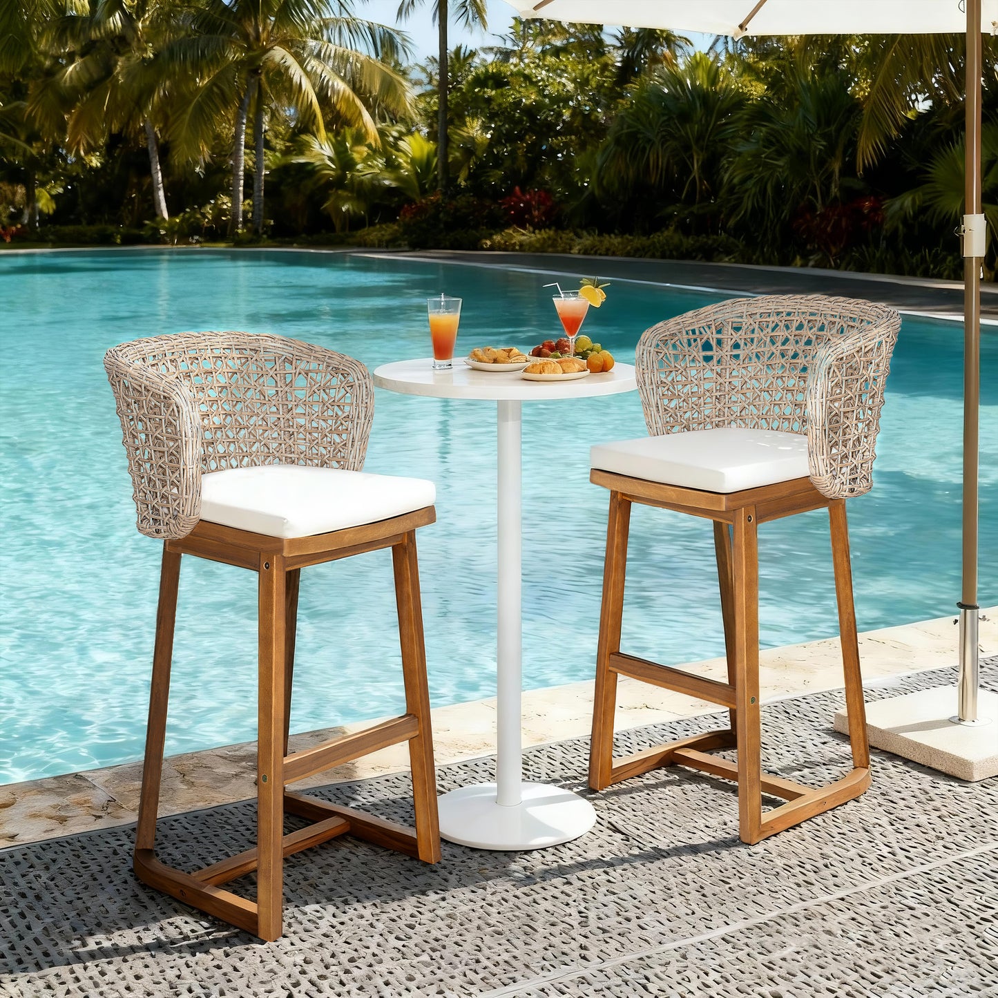 Set of 2 Acacia Wood Bar Stools - Beige Cushions, Teak Finish Outdoor Chairs