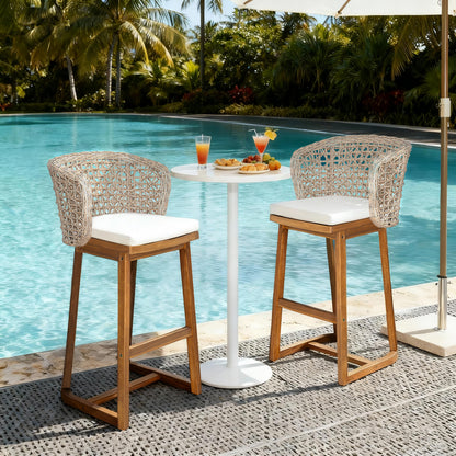 Set of 2 Acacia Wood Bar Stools - Beige Cushions, Teak Finish Outdoor Chairs