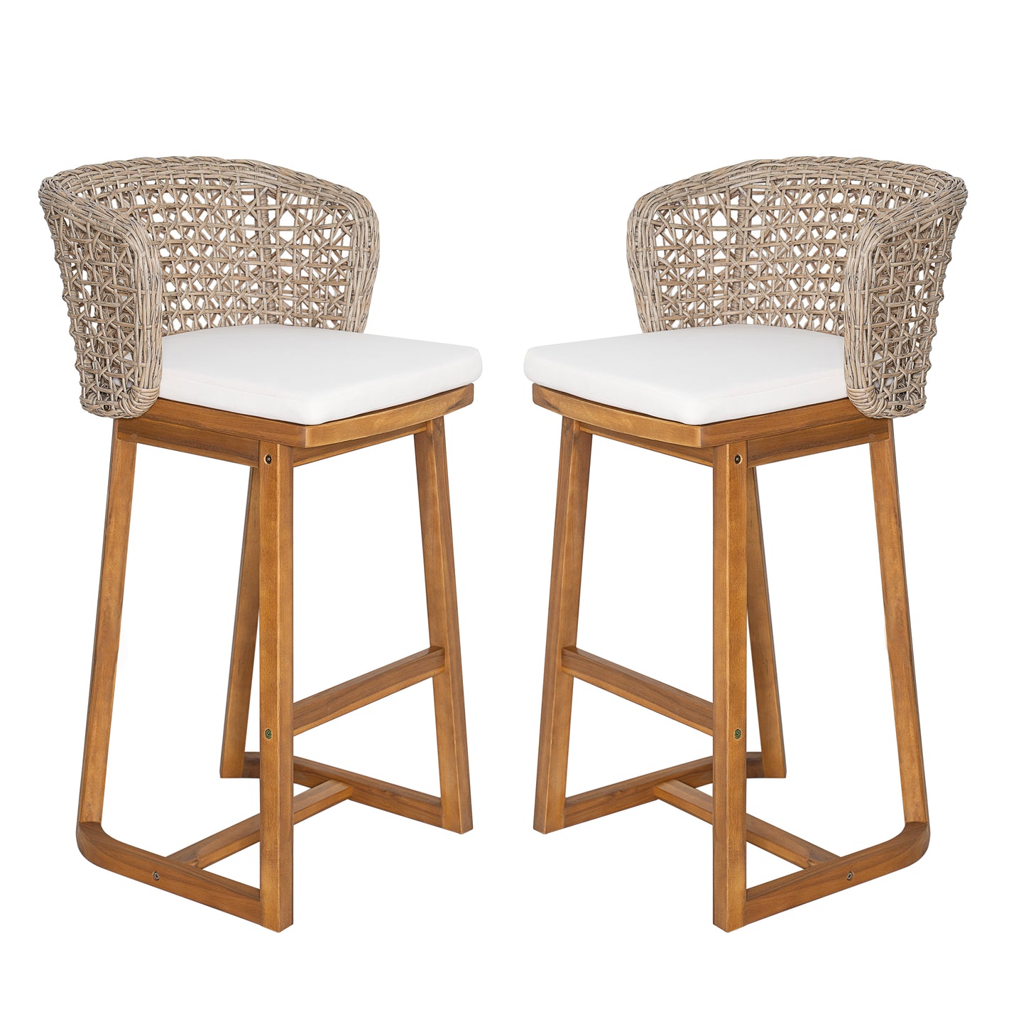 Set of 2 Acacia Wood Bar Stools - Beige Cushions, Teak Finish Outdoor Chairs