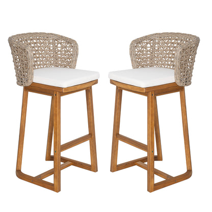 Set of 2 Acacia Wood Bar Stools - Beige Cushions, Teak Finish Outdoor Chairs