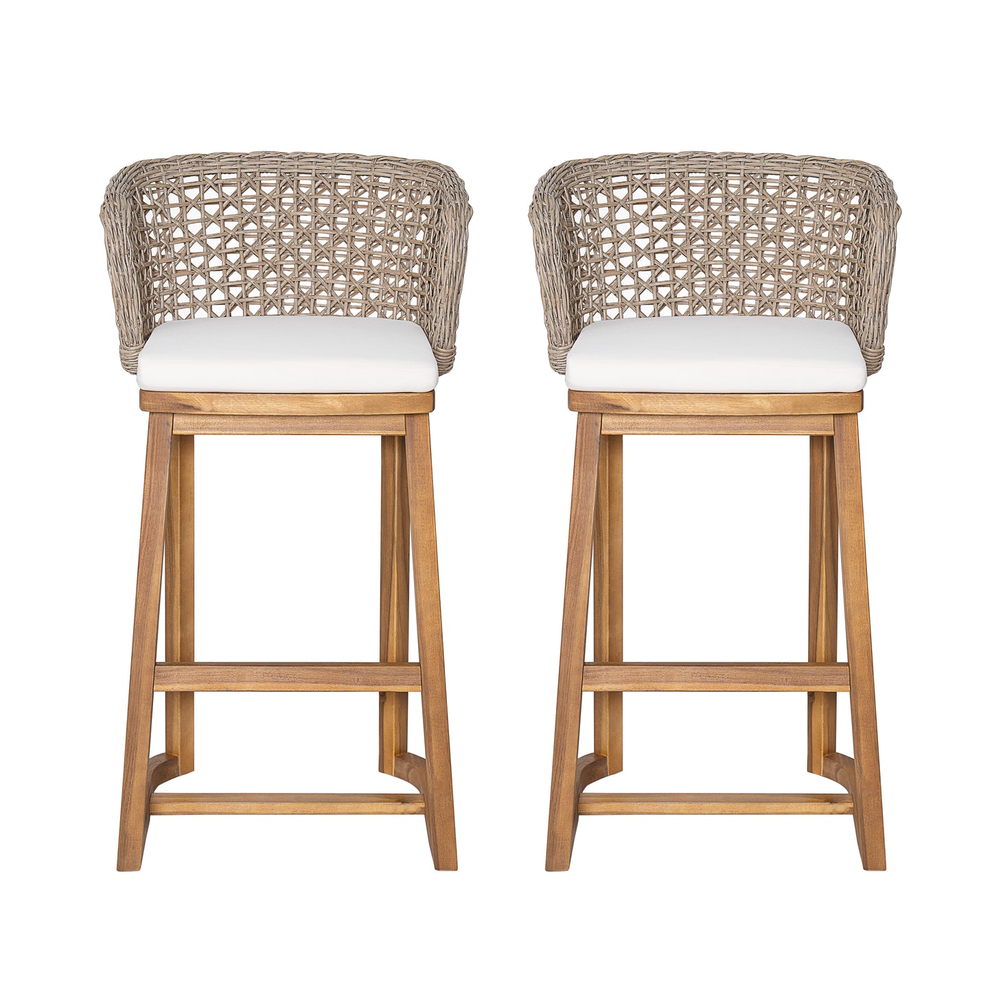 Set of 2 Acacia Wood Bar Stools - Beige Cushions, Teak Finish Outdoor Chairs