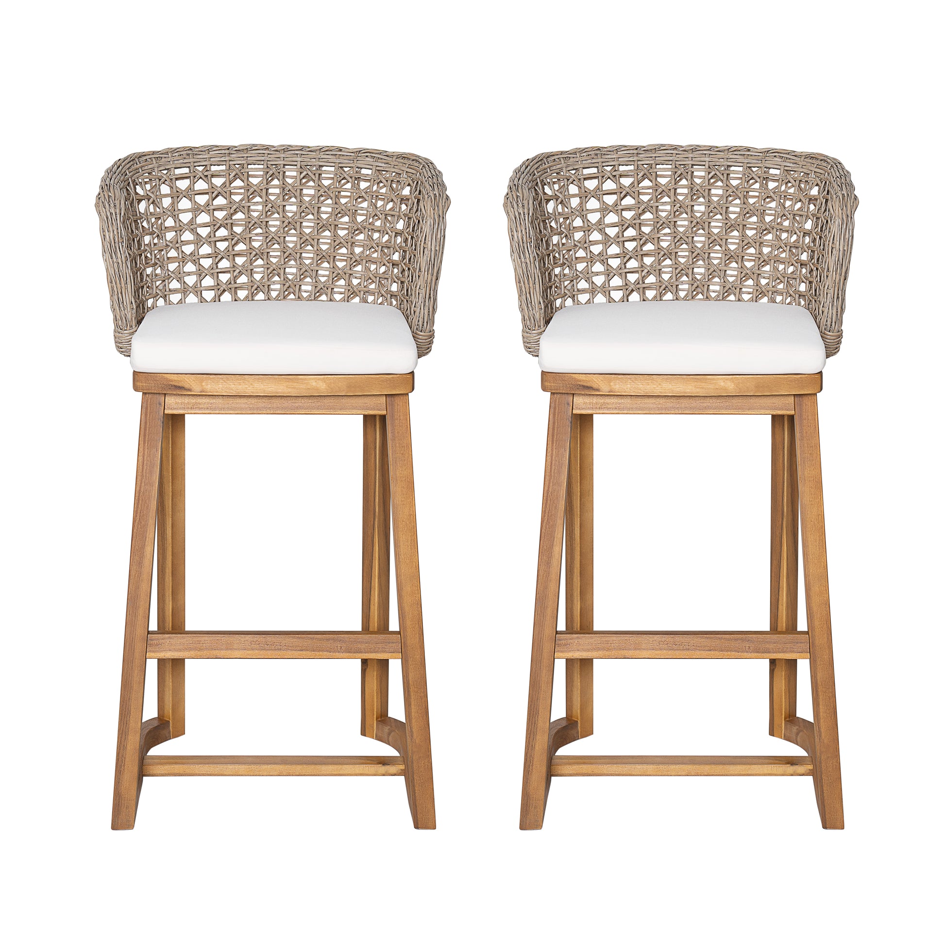 Set of 2 Acacia Wood Bar Stools - Beige Cushions, Teak Finish Outdoor Chairs