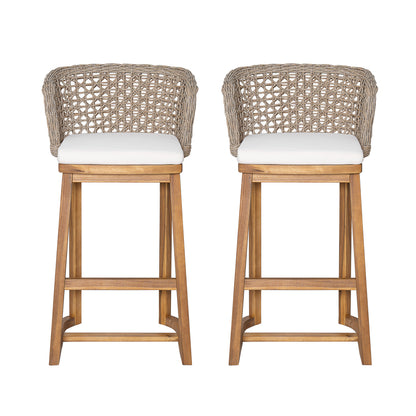 Set of 2 Acacia Wood Bar Stools - Beige Cushions, Teak Finish Outdoor Chairs
