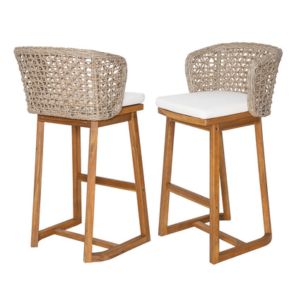 Set of 2 Acacia Wood Bar Stools - Beige Cushions, Teak Finish Outdoor Chairs