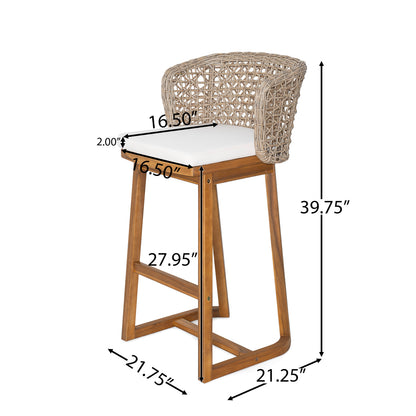 Set of 2 Acacia Wood Bar Stools - Beige Cushions, Teak Finish Outdoor Chairs