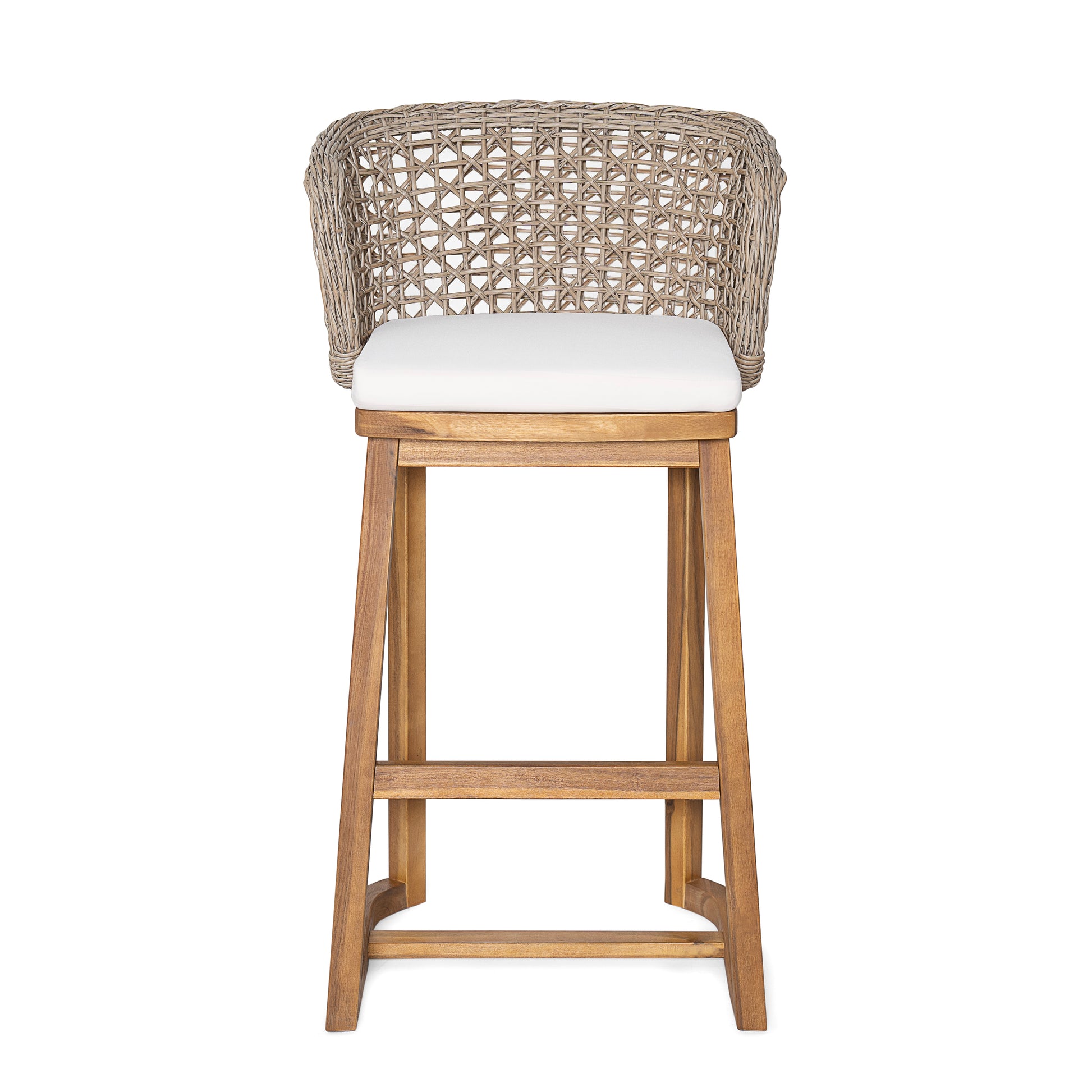 Set of 2 Acacia Wood Bar Stools - Beige Cushions, Teak Finish Outdoor Chairs