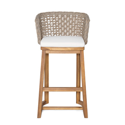 Set of 2 Acacia Wood Bar Stools - Beige Cushions, Teak Finish Outdoor Chairs