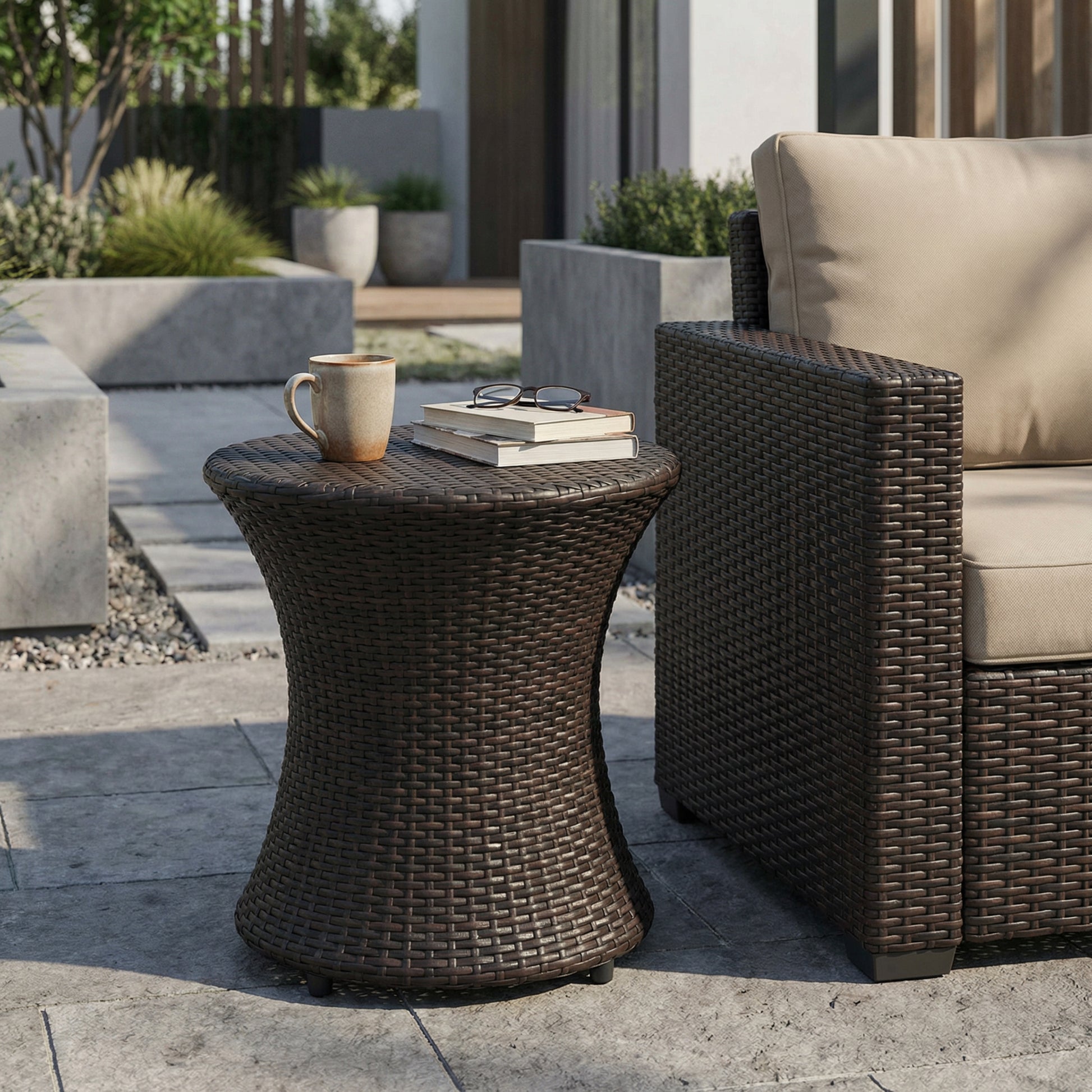 Kono Hourglass Table - Brown Iron Rattan Outdoor Table