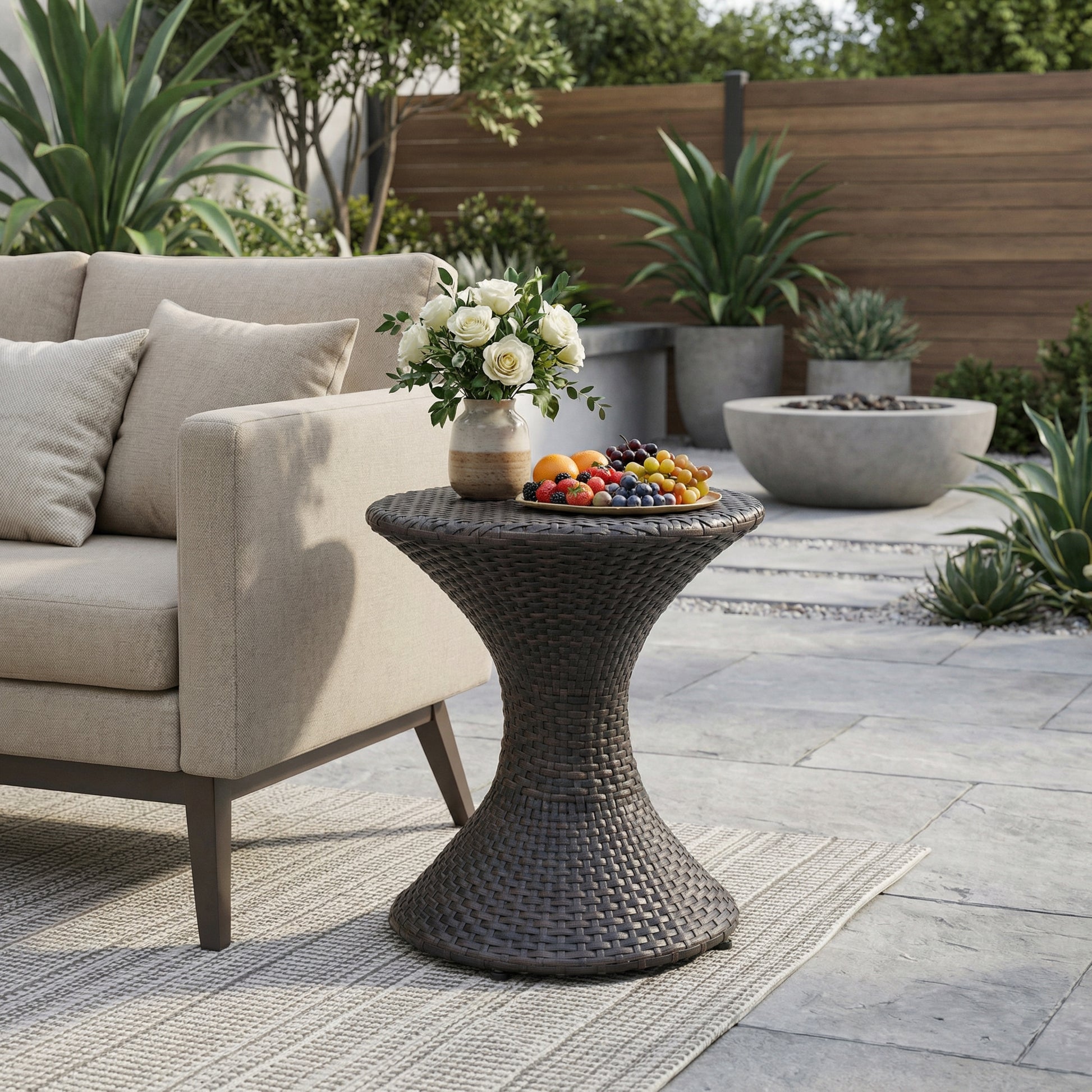 Brown Multi Iron Rattan Hourglass Side Table Outdoor