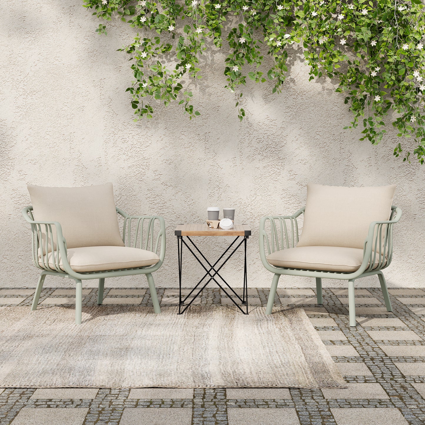 Huron Outdoor Patio PP Club Chair, Green Finish with Beige Cushion, Set of 2