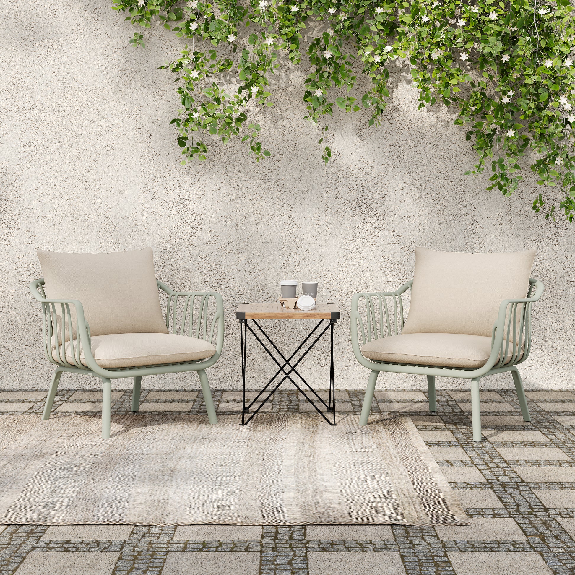 Huron Outdoor Patio PP Club Chair, Green Finish with Beige Cushion, Set of 2
