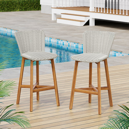 Lymington Outdoor Bar Stool, Teak Finished Wood with Light Grey Wicker, Set of 2