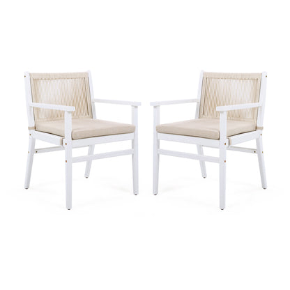 Outdoor Dining Chairs Set of 2, Acacia Wood Patio Armchair with Rope Design Back and Water Repellent Cushion, White Frame, 400lbs Weight Capacity