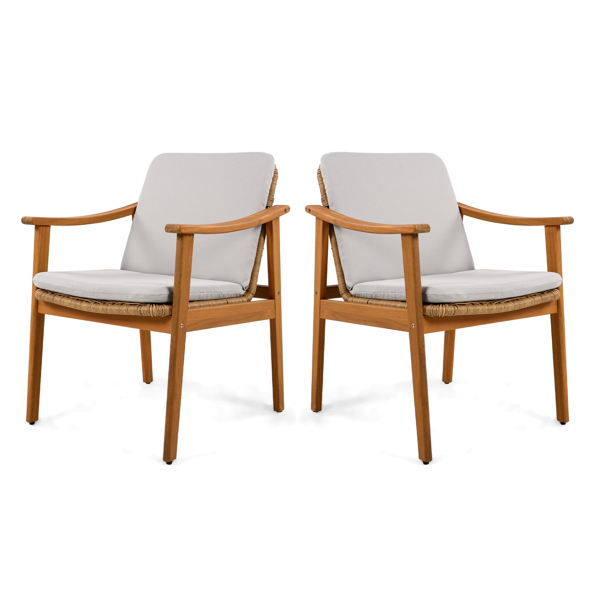 Outdoor Dining Chairs Set of 2, Acacia Wood Frame, Grey Cushion - Durable Patio