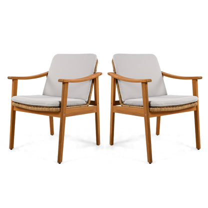 Outdoor Dining Chairs Set of 2, Acacia Wood Frame, Grey Cushion - Durable Patio