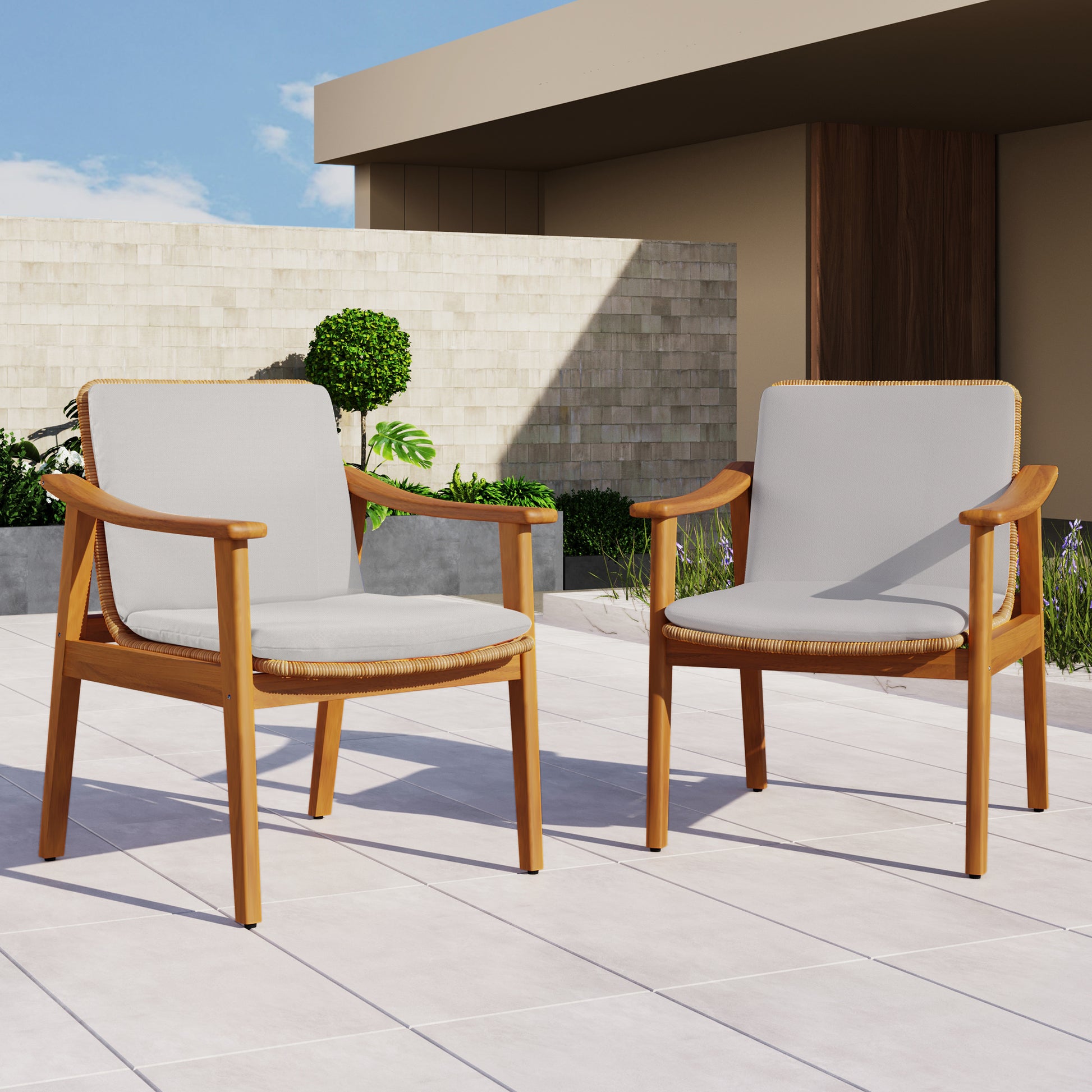 Outdoor Dining Chairs Set of 2, Acacia Wood Frame, Grey Cushion - Durable Patio