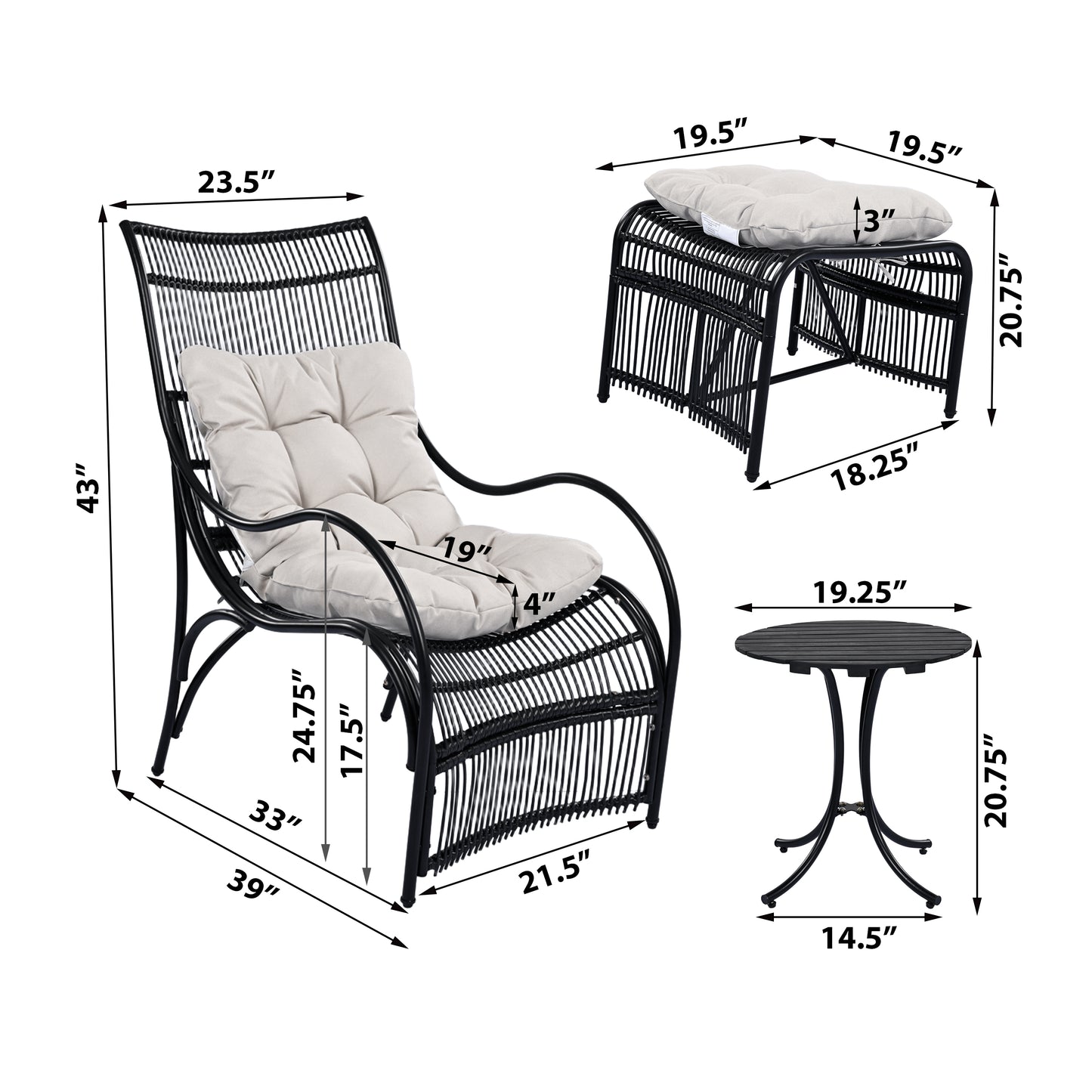 3 Piece Wicker Patio Set - Lounge Chair, Table & Ottoman for Garden Deck