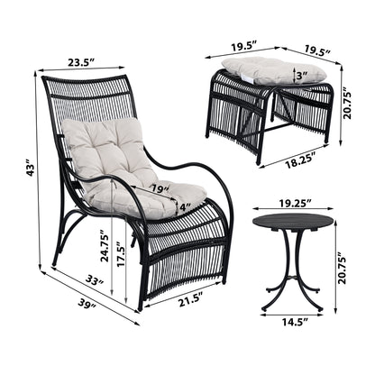 3 Piece Wicker Patio Set - Lounge Chair, Table & Ottoman for Garden Deck