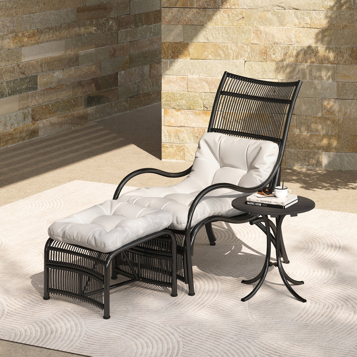 3 Pieces Wicker Outdoor Patio Furniture Set with Lounge Chair, Balcony Chairs Table Set with Cushions, Ottoman, Patio Conversation Sets for Garden ,Deck,and Porch, Black & Beige