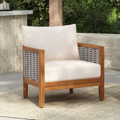 Teak & Beige Weather-Resistant Patio Armchair with Cushions