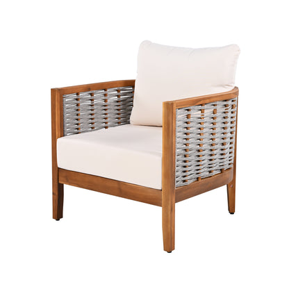 Teak & Beige Weather-Resistant Patio Armchair with Cushions