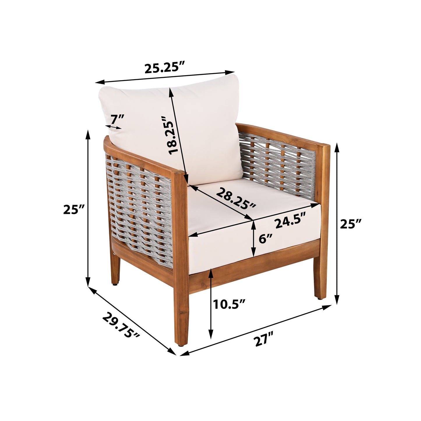 Teak & Beige Weather-Resistant Patio Armchair with Cushions