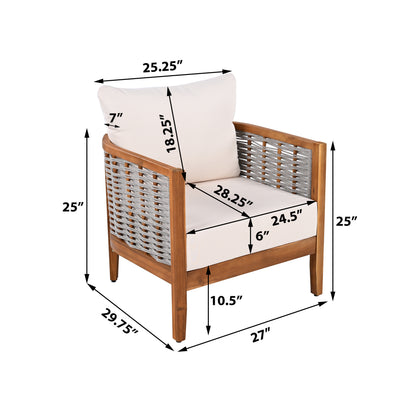 Teak & Beige Weather-Resistant Patio Armchair with Cushions