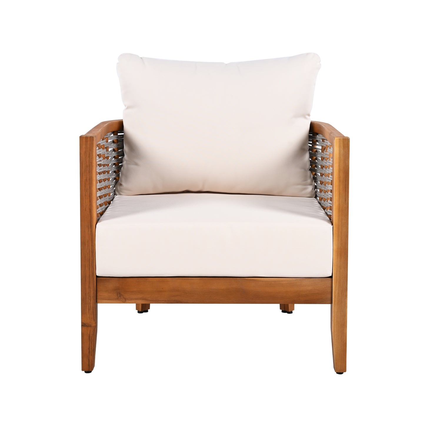 Teak & Beige Weather-Resistant Patio Armchair with Cushions