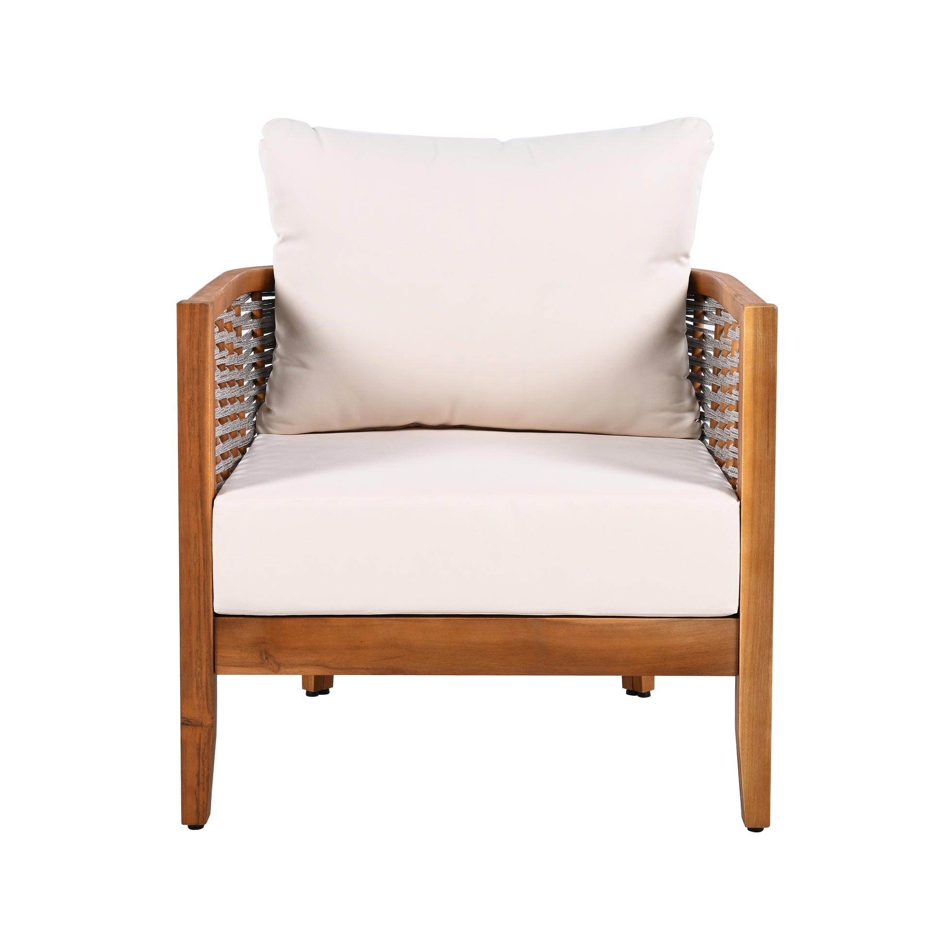 Teak & Beige Weather-Resistant Patio Armchair with Cushions