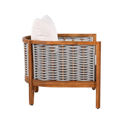 Teak & Beige Weather-Resistant Patio Armchair with Cushions