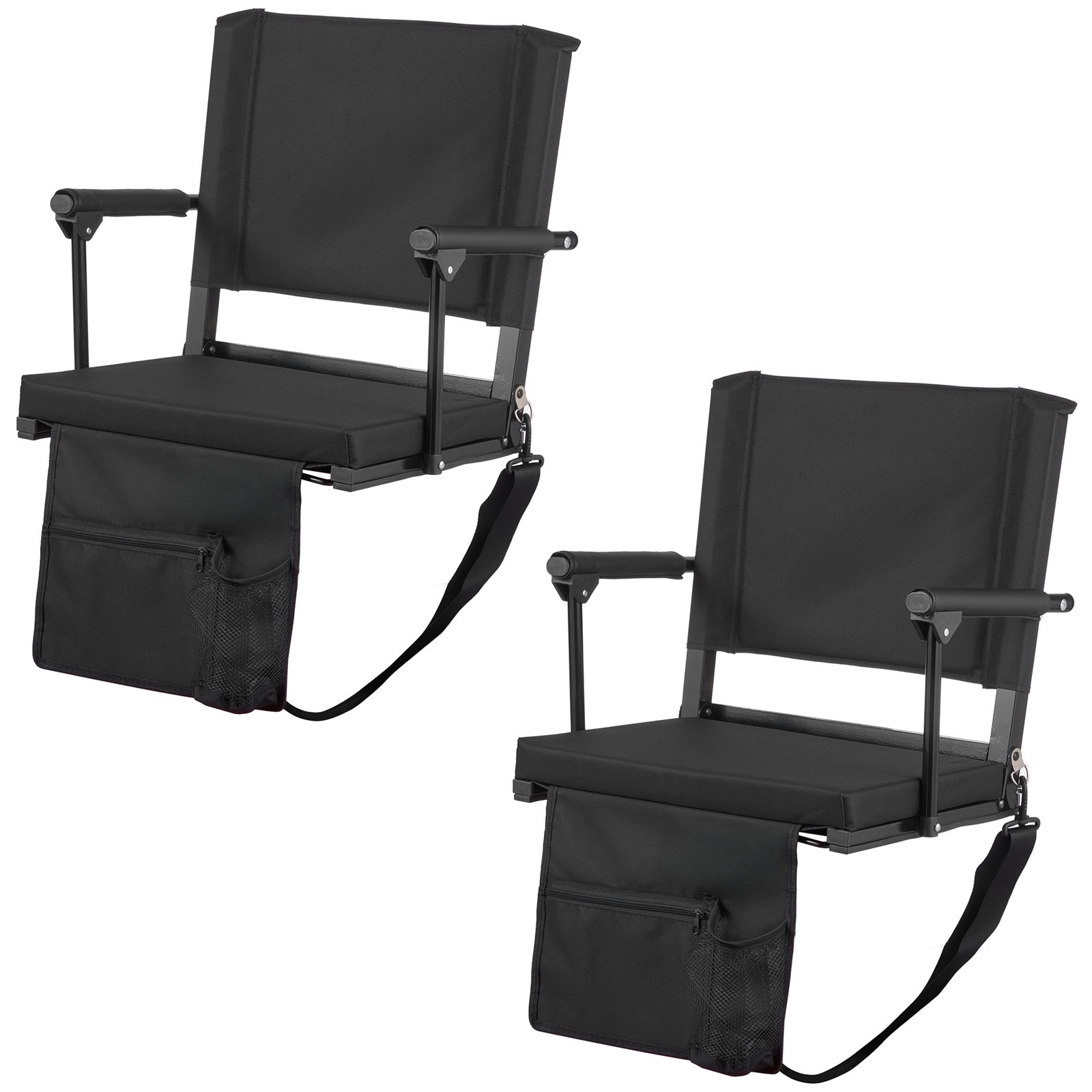 Stadium Seat, Portable Bleacher Seat with Armrest, Back Support and Thick Cushion, Bench Chair for Bleacher Includes Shoulder Strap, Hooks, Cup Holder, Black Football Bleachers Seats, 2PCS