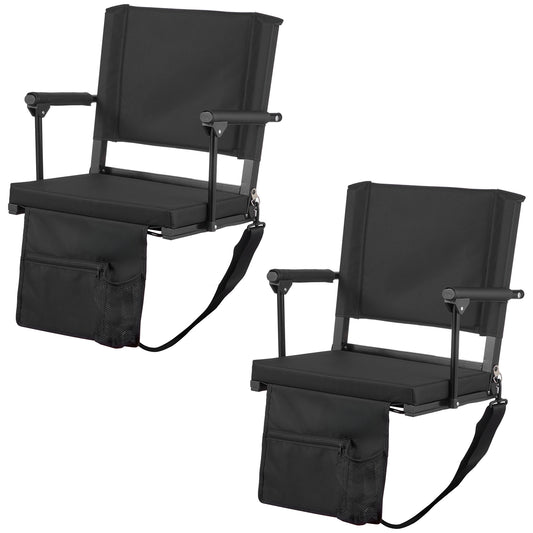 Stadium Seat, Portable Bleacher Seat with Armrest, Back Support and Thick Cushion, Bench Chair for Bleacher Includes Shoulder Strap, Hooks, Cup Holder, Black Football Bleachers Seats, 2PCS