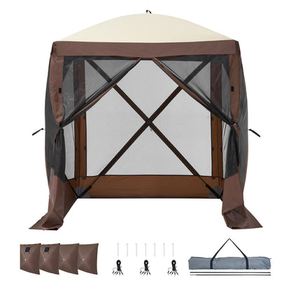 Pop Up Gazebo Tent, Pop-Up Screen Tent 4 Sided Canopy Sun Shelter with 4 Removable Privacy Wind Cloths & Mesh Windows, 6x6FT Quick Set Screen Tent with Mosquito Netting, Brown