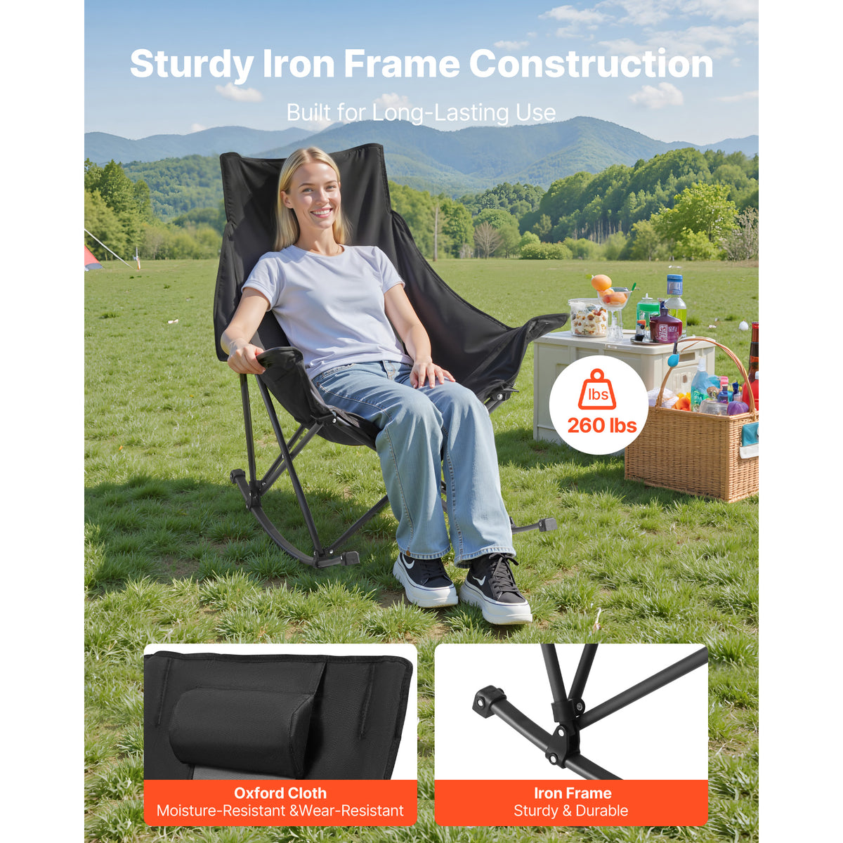 Heavy-Duty Rocking Camping Chair - Black+Grey, 225lb Capacity