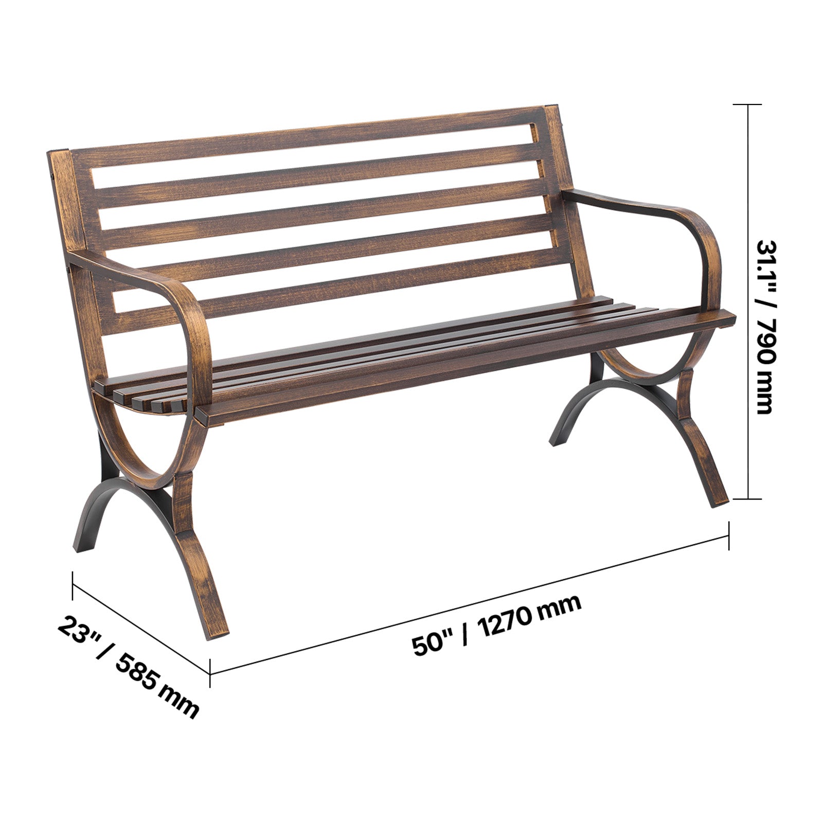 Coppery Metal Outdoor Bench for Porch or Garden Seating