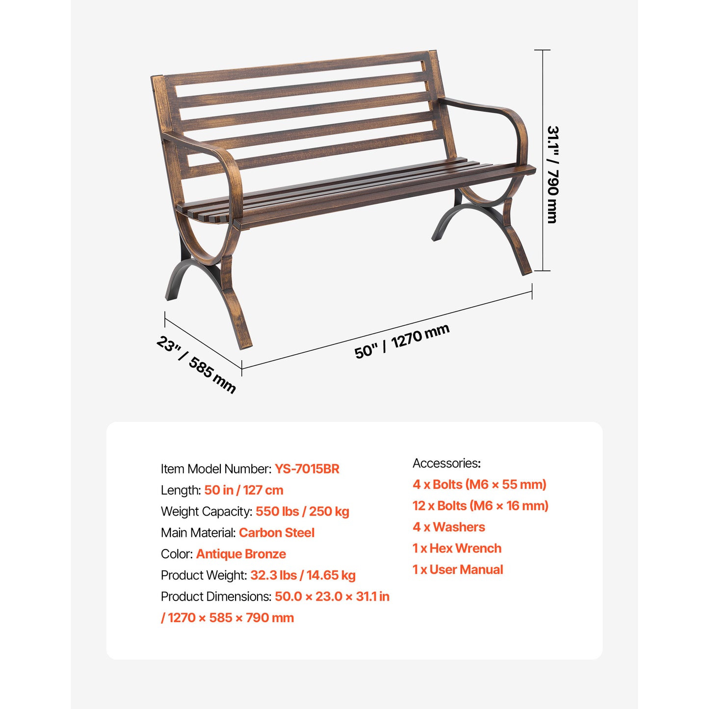 Coppery Metal Outdoor Bench for Porch or Garden Seating