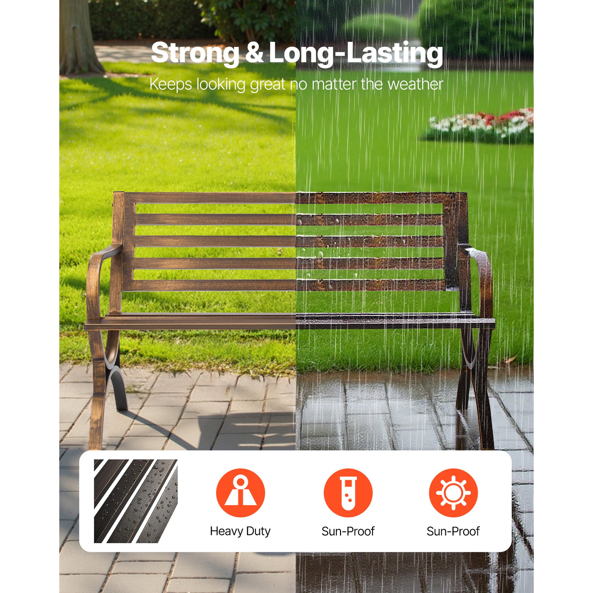 Coppery Metal Outdoor Bench for Porch or Garden Seating