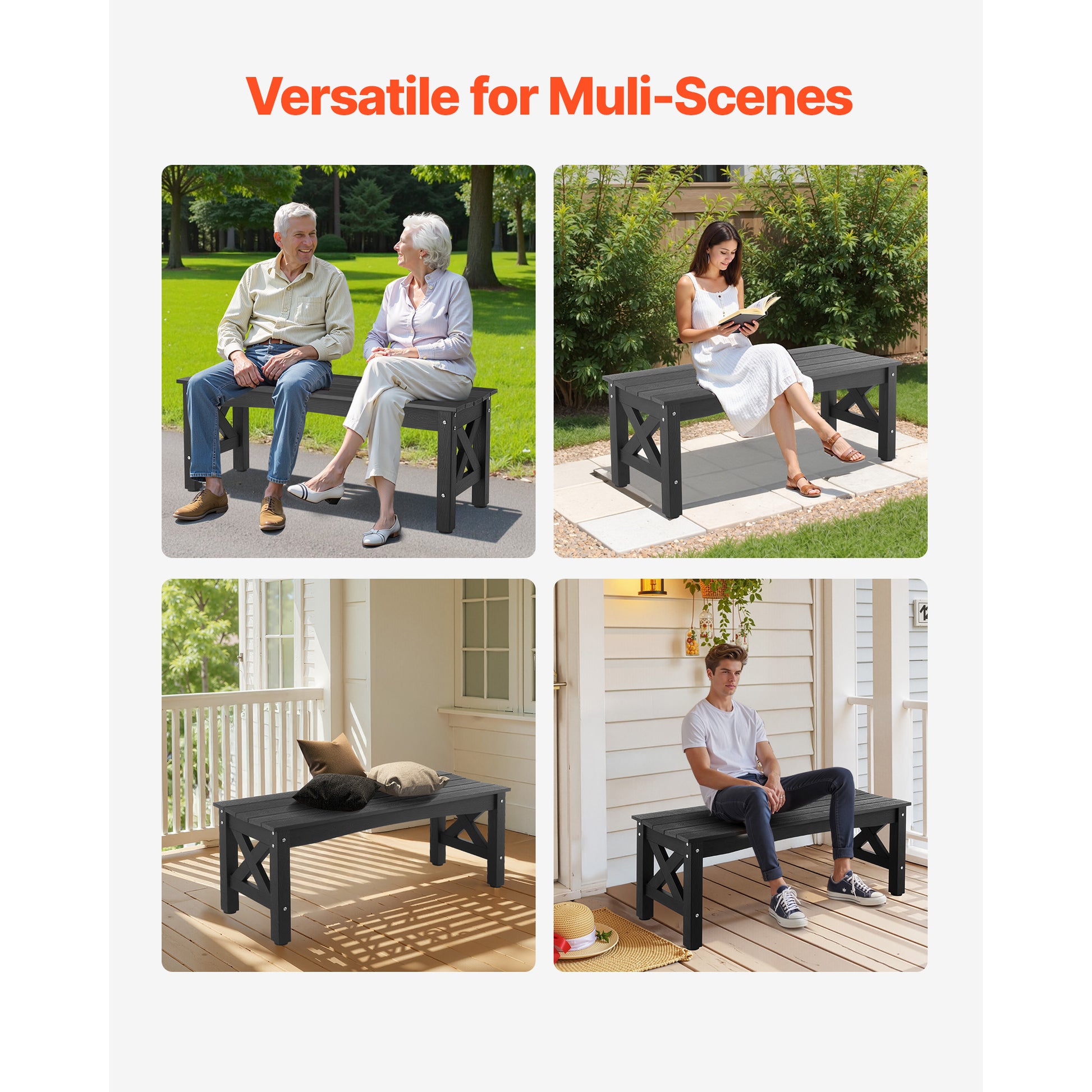 Outdoor Bench Patio Bench 48" Weatherproof Plastic Black
