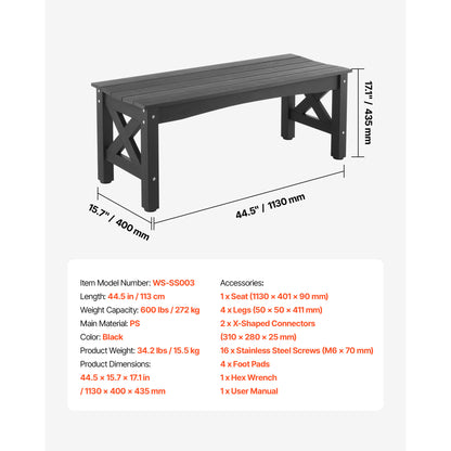 Outdoor Bench Patio Bench 48" Weatherproof Plastic Black
