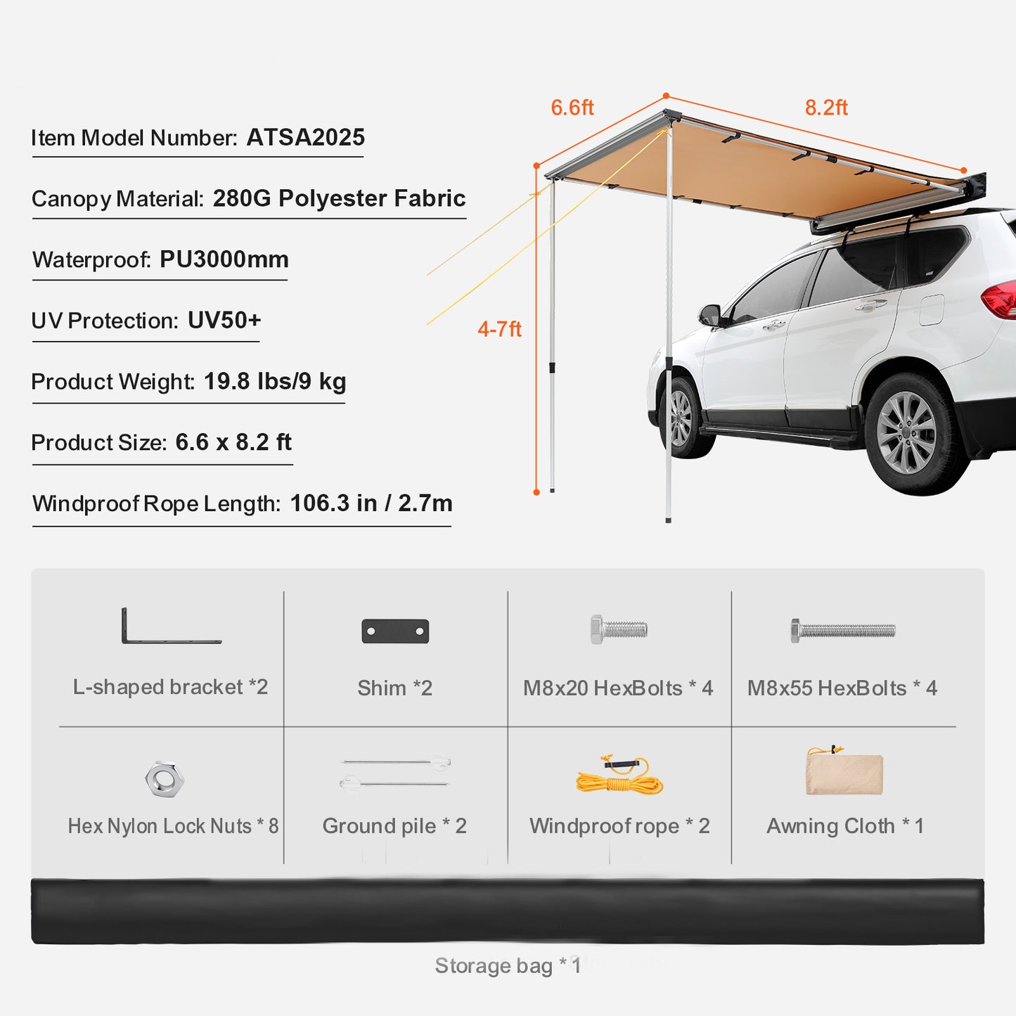 Large 6.6' x 8.2' Car Side Awning - Beige Aluminum Shade