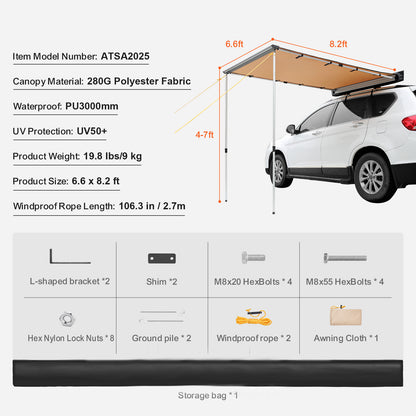 Large 6.6' x 8.2' Car Side Awning - Beige Aluminum Shade